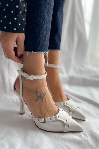 Shoebutik Pantofi cu toc de damă, alb rock, cu bandă la gleznă