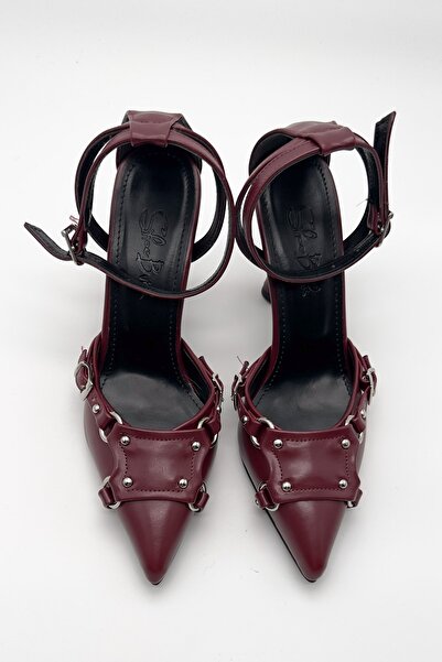 Shoebutik Rock Claret Red Leather Ankle Band Pin Detailed Women's Heeled Shoes