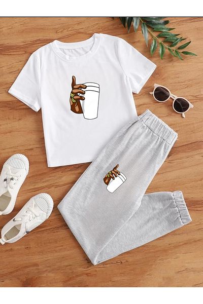 Serays moda Coffee cups printed T-shirt sweat suit for girls/boys