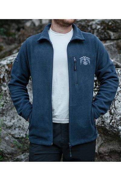 Huğlu Cardigan din lână de culoare indigo, cu trei buzunare, cu fermoar, cu figurină de vultur
