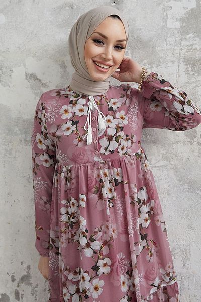 InStyle Liviza Pattern Tassel Detailed Chiffon Dress - Dusty Rose