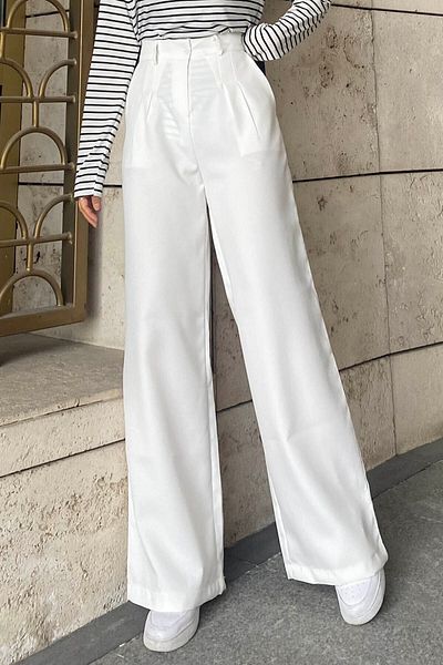 lamelif Ecru Color Double Collared Wide Leg Trousers