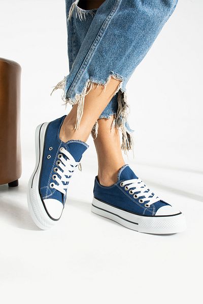 Trendpink Indigo Blue Linen [Talpă înaltă (4 cm)] Tenis casual scurt unisex