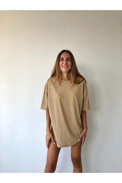 Evomind Μπλουζάκι Unisex Cotton Crew Neck Boyfriend Knitted Oversize Beige T-shirt