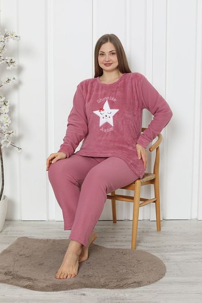 FAMES PİJAMA Plus Size Women's Pajama Set Wellsoft Polar Shine Pink