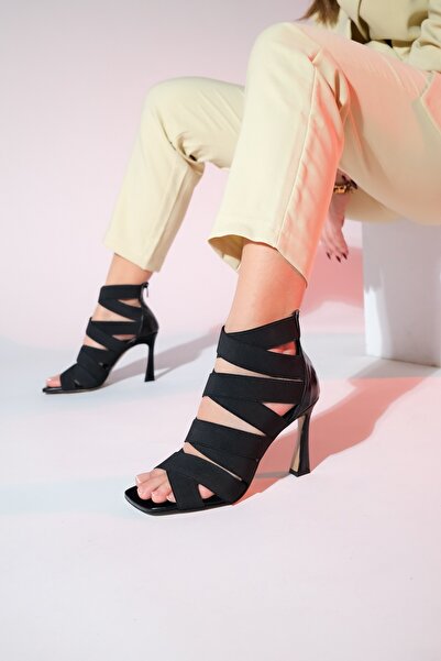 LuviShoes حذاء VEJLE أسود مرن بسحاب خلفي مفتوح من الأمام للنساء بكعب رفيع