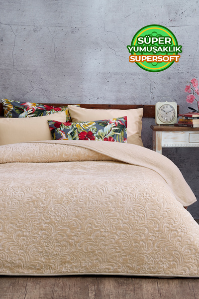 Evlen Home Collection 3 Kg Embos Printed Pamela Thick Double Blanket 230x240 Cm Cappuccino