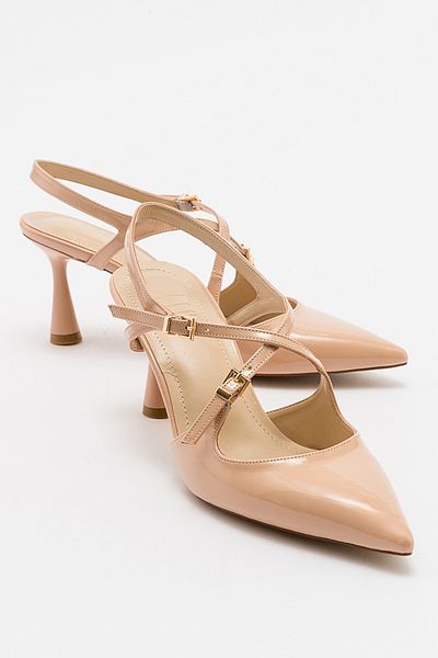 LuviShoes COJE Beige Lackleder Damenschuhe mit spitzer Spitze und dünnem Absatz