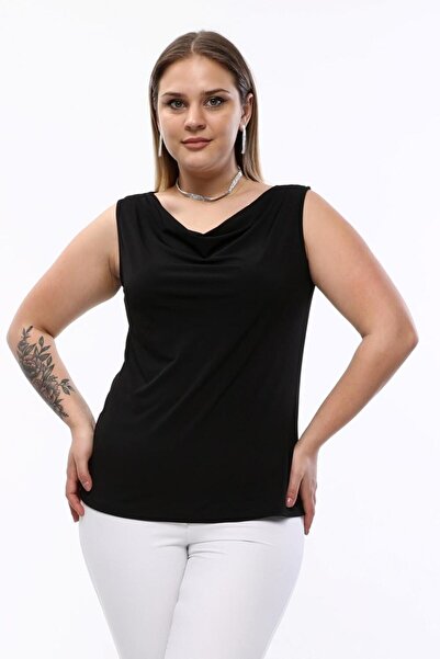 Seamoda Degaje Collar Sandy Plus Size Women's Basic Blouse 4 Seasons Comfortable Use Stylish Undershirt-black