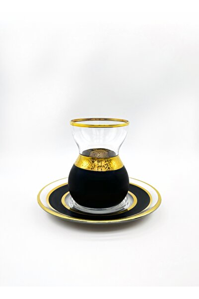 ÖzcamKristal 6 Kişilik 12 Parça Altın Yaldızlı Mat Siyah Dantel Çay Takımı – ...