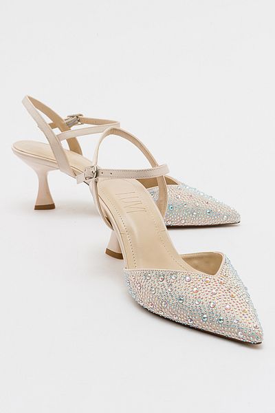 LuviShoes VILKA Ecru Satin Stoned Women's Pointed Toe Thin Heeled Evening Dress Shoes