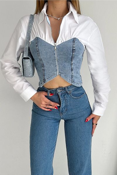 Laluvia Weiß-blaues Jeans-Bustier-Shirt mit Reißverschluss