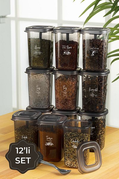 Vienev 12Pcs 450ml Luna Spice Rack Storage Container with White Screen Printing Label Self-Spoon