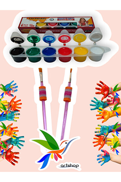 Artshop 6x25 ml Parmak Boyası 2 adet Soft Yumuşak Tutuş Fırça Çocuklar İçin S...