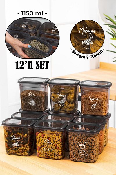 Vienev Set of 12 Peggy Rectangular Storage Containers with White Screen Printing Label 1150 Ml Anthracite