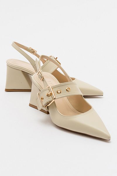 LuviShoes NEPIDO Ecru Skin Women's Pointed Toe Open Back Thick Heeled Shoes