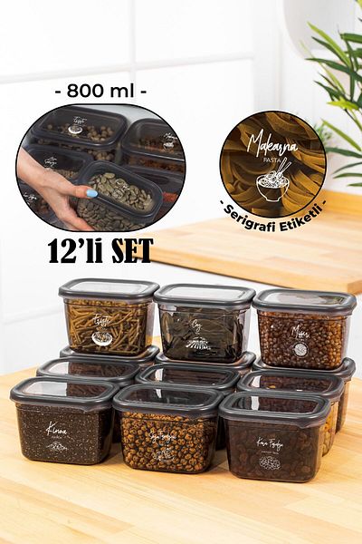 Vienev Set of 12 Peggy Rectangular Storage Containers with White Screen Printing Label 800 Ml Anthracite
