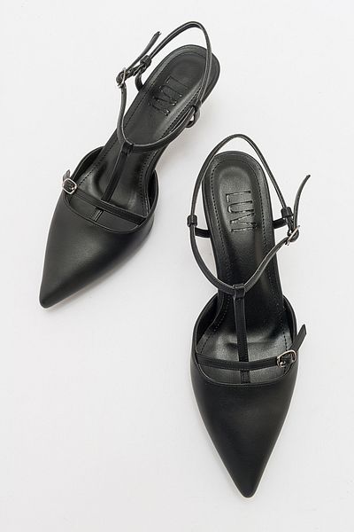 LuviShoes FRANS Schwarze Damenschuhe mit spitzer Spitze und offenem Rücken, kurzer Absatz