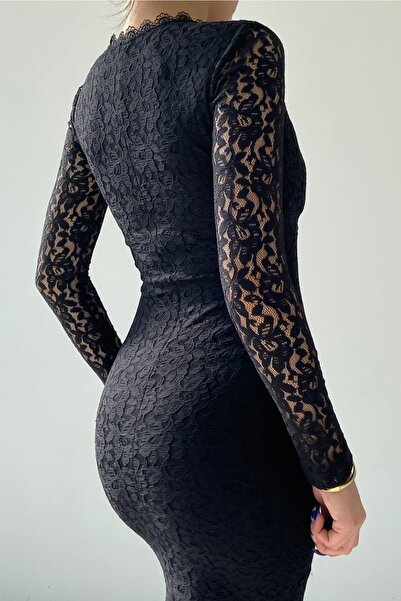 vuvutasarım Black Lace Fabric Guipure Detailed Double Breasted Collar Design Lined Midi Dress 218
