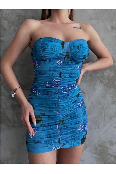vuvutasarım Rochie Dilber, țesătură elastică albastră, cu model de flori, rochie mini cu guler fără bretele 12135