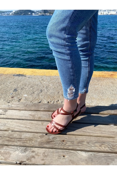 Hakiki Deri Kadın Bodrum Sandalet Galena Kestane Kahverengi El Yapımı