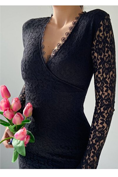 vuvutasarım Black Lace Fabric Guipure Detailed Double Breasted Collar Design Lined Midi Dress 218