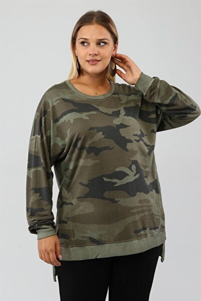 Seamoda Plus Size Camouflage Pattern - Slit Comfortable Fit Plus Sweat-Khaki