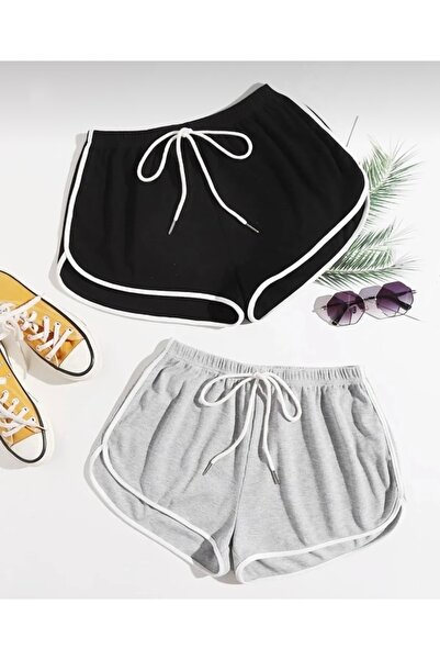 BYMEER Kadın Siyah Ve Gri Ikili Beli Lastikli Şeritli Yandan Yırtmaçlı Mini Şort
