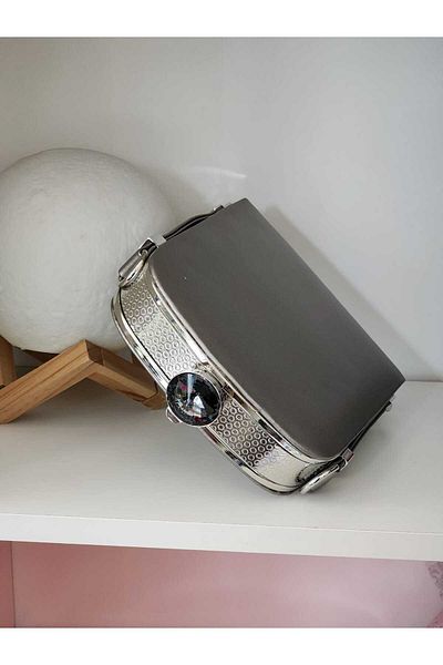 Moom Bag Geantă pentru rochie de seară cu mâner tricotat platină pentru femei