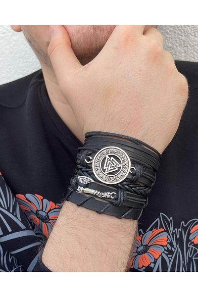 BSN Store Viking Norse Valknut Thor Axe 5-Piece Genuine Leather Bracelet