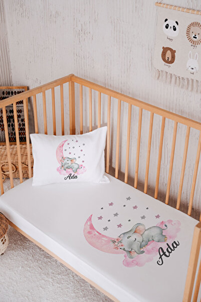 Lilabio İsme Özel %100 Pamuk Park Yatak Çarşaf Seti (100X120) Ayda Uyuyan Fil
