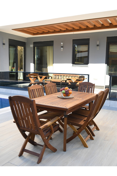 attaleia furniture Silyon Bahçe Yemek Masası Takımı 6 Kolsuz Sandalye 1 Açılı...