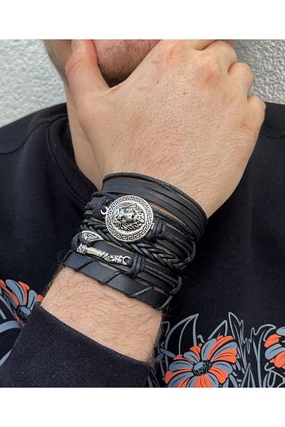 BSN Store 5-Piece Handmade Charm Genuine Leather Bracelet with Viking Lion Figure