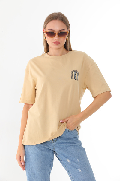 Batı Styling Oversize Bisiklet Yaka Baskılı Kadın T-Shirt