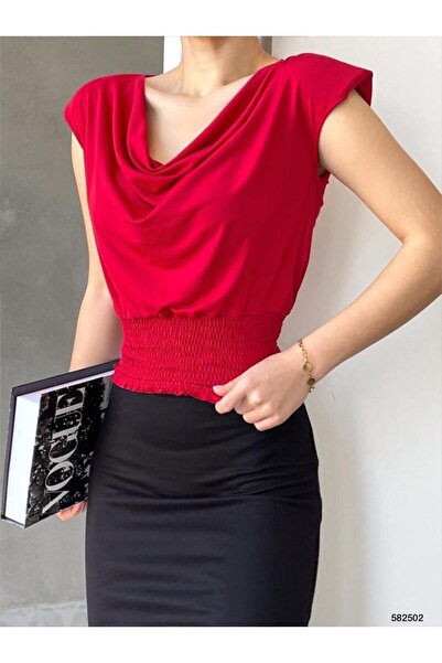 rengamoda Draped Collar Padded Sandy Blouse with Bottom Gips