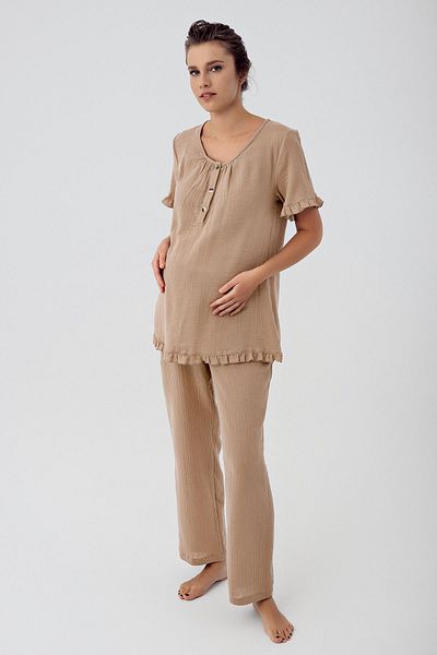 Artış Women's Double Layer Muslin Cotton Adjustable High Waist Short Sleeve Button Maternity Pajamas Set