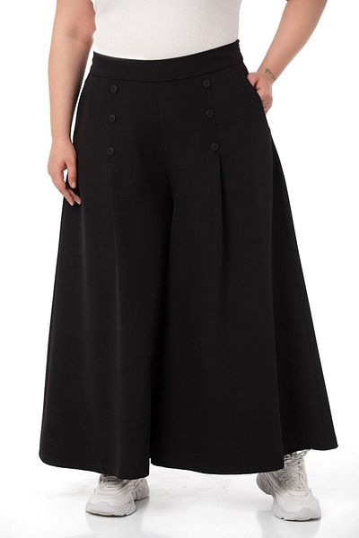 DISENTIS MODEST Large Size Button Detailed Wide Leg Zippered Black Trousers