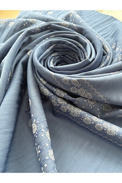 Marka Çiçek Desenli Jakar Dokuma Kumaş İndiga 1 Metre