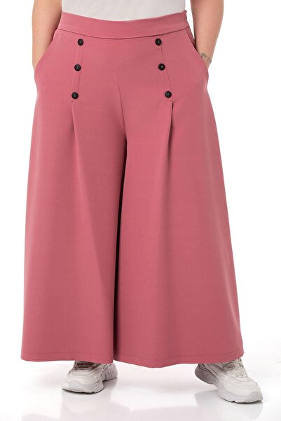 DISENTIS MODEST Plus Size Button Detailed Wide Leg Zippered Dried Rose Trousers