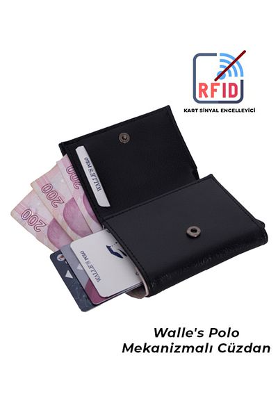 Walle's Polo Rfid Protected Vegan Leather Automatic Aluminum Mechanism Unisex Wallet-Card Holder with Money Compartment