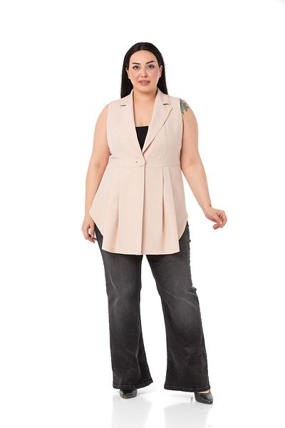 DISENTIS MODEST Plus Size Covered Buttoned Skirt Pleated Short Beige Vest on the Back