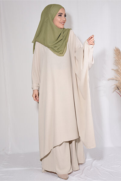 Ns nowascarf بنطلون تونيك طقم مزدوج قماش Aerobin بيج