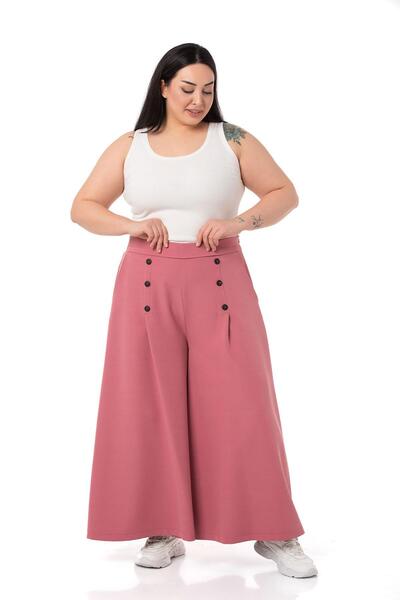 DISENTIS MODEST Plus Size Button Detailed Wide Leg Zippered Dried Rose Trousers