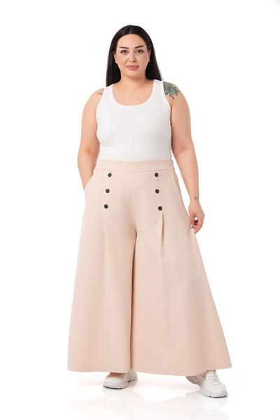 DISENTIS MODEST Plus Size Button Detailed Wide Leg Zippered Beige Trousers