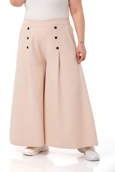 DISENTIS MODEST Plus Size Button Detailed Wide Leg Zippered Beige Trousers