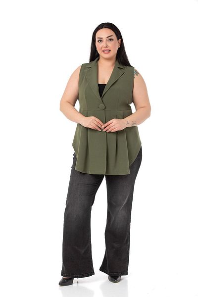 DISENTIS MODEST Large Size Covered Buttoned Skirt Pleated Short Khaki Vest