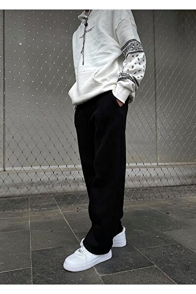 FİTGO Ανδρικό φούτερ με 3 κλωστές φαρδύ φαρδύ μαύρο ίσιο πόδι