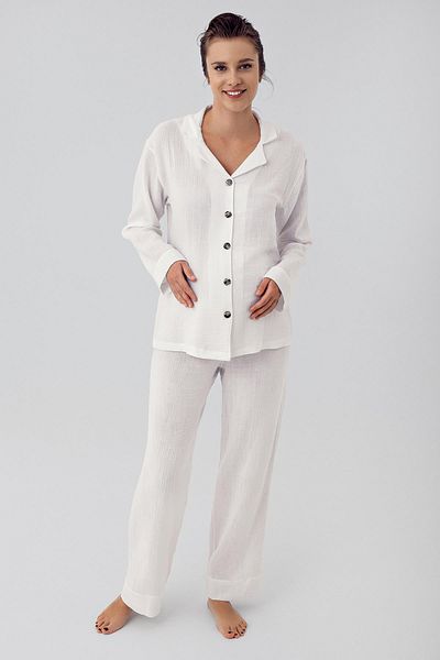 Artış Double Layer Muslin Cotton Adjustable High Waist Button Up Shirt Collar Maternity Pajamas Set
