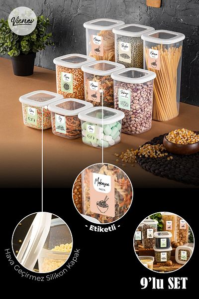 Vienev Square Food Storage Container with Colorful Label Set of 9 3x (0.55 Liters, 1.2 Liters, 1.75 Liters) White