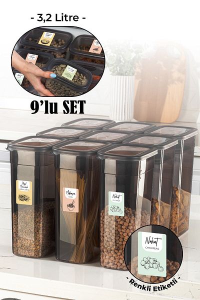 Vienev Set of 9 Peggy Rectangular Storage Container with Colorful Labels 3.2 Liter Anthracite